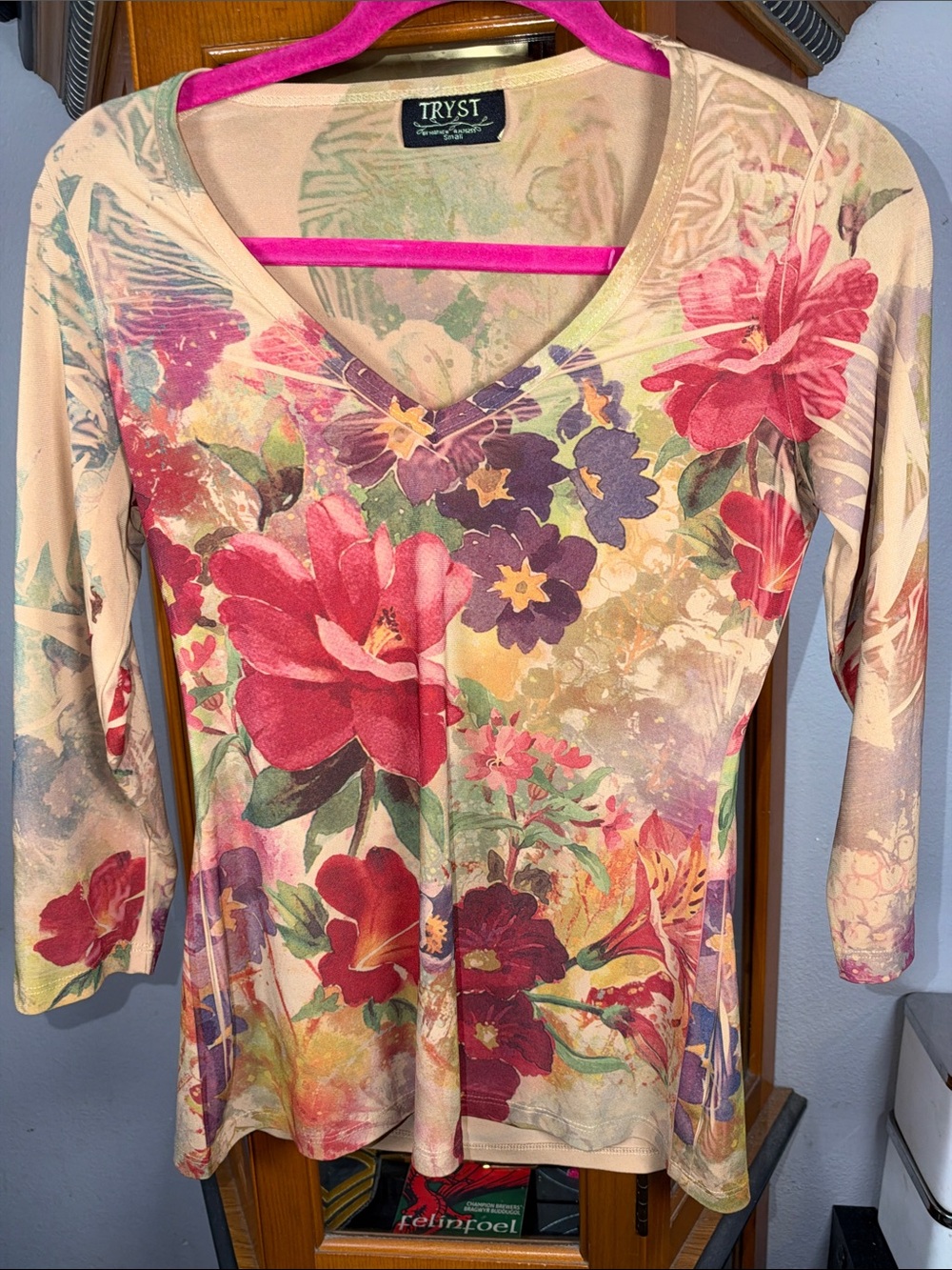 Tryst Floral V-Neck Long Sleeve Top in Pink, Red, Purple, Green
